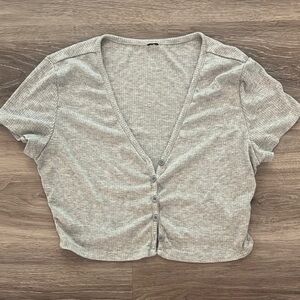 Gray Ribbed Button-Up Women's Top